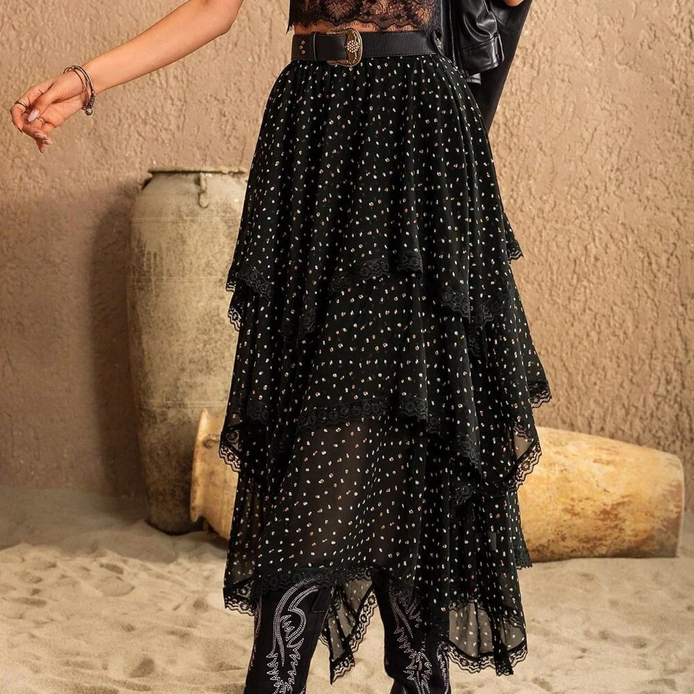 Black Casual Women's Polka-Dot Asymmetric Skirt - Picture 5 of 8
